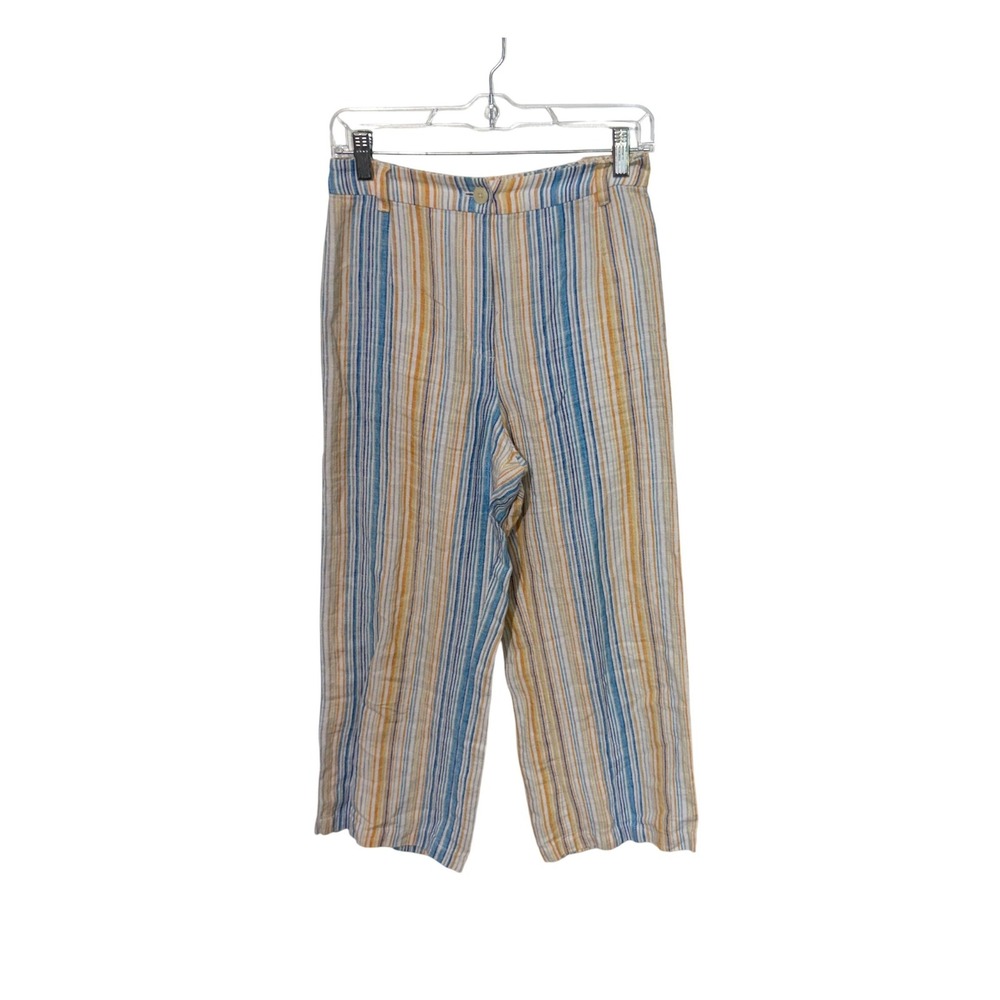 Reformation Pants Womens 4 Blue Orange Stripe 100% Linen Wide Leg High Rise